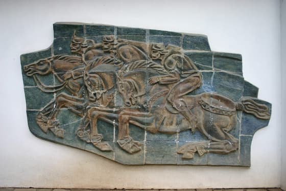 The original Apriltsi panel on the facade of the exhibition hall