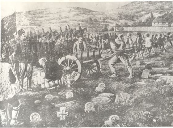 A period depiction of insurgents hauling a cherry-tree cannon during the April Uprising