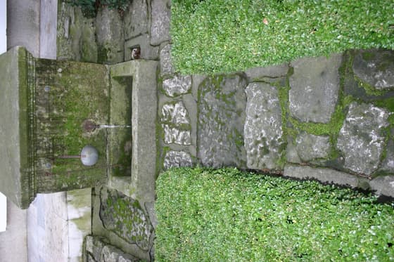 The large stone fountain, where spring water still murmurs today
